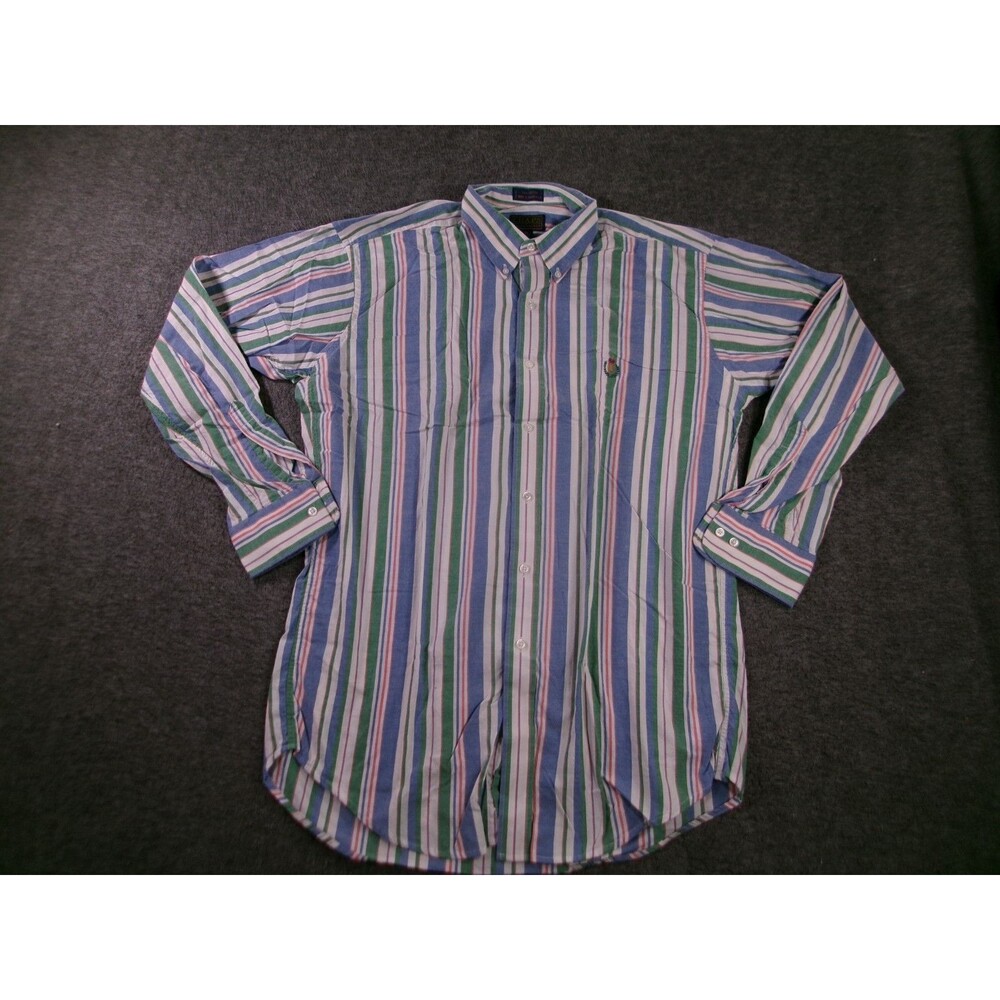 Vintage Chaps Ralph Lauren Shirt Men 16 Blue Green Striped Classic Preppy Crest